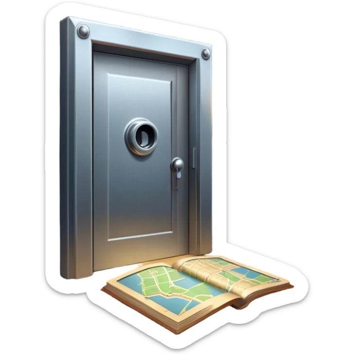 An icon representing an urban escape room adventure, with a locked door, mysterious clues, and a flashlight. Around the design, hidden symbols and a map guide the way through an indoor or city-based quest. A dynamic, immersive look, evoking thrill and the challenge sticker