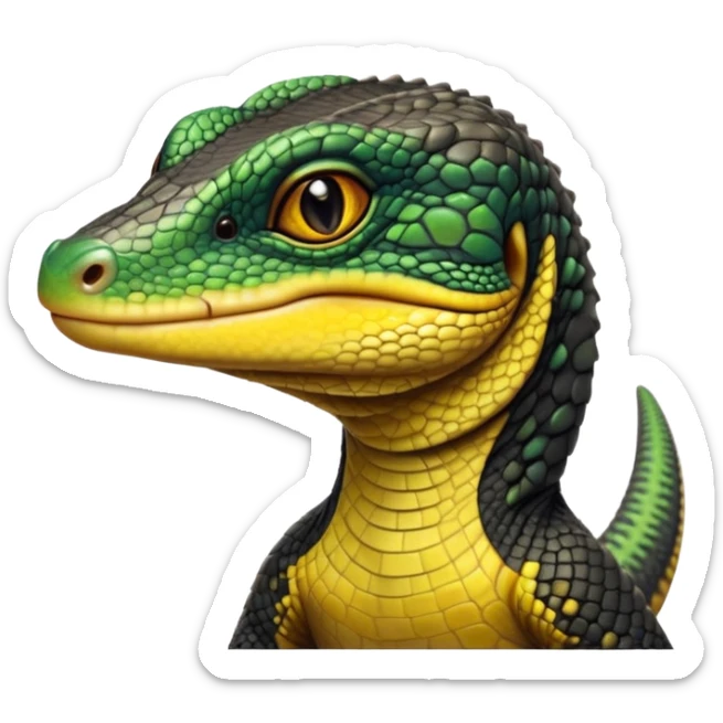 cinematic-realistic-cute-monitor-lizard-portrait-emoji,-head-tilted-playfully-and-inquisitively,-featuring-a-compact,-agile-body-with-finely-detailed,-glossy-scales-in-earthy-black and yellow-hues-and-a-distinct,-alert-face-with-bright,-curious-eyes, black , yellow spotted and green band  scales and a slender neck sticker