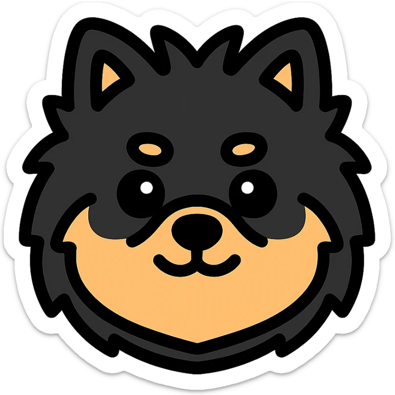fluffy black and tan Pomeranian dog face, large round eyes, black button nose, tan muzzle, tan eyebrow spots, thick fluffy fur, upright tousled ears, friendly and cute sticker