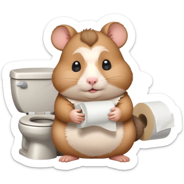 Cute chubby cartoon-style hamster sitting on toilet pooping holding toilet paper looking as if he had an accident, sticker-style illustration sticker