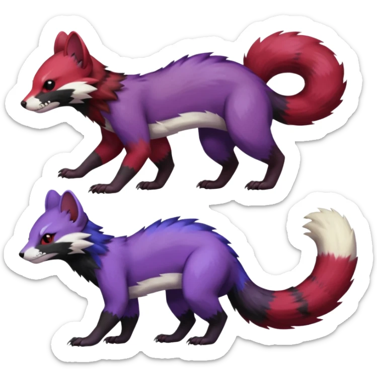 Purple, red, black Trico-Sergal-Furret-Ferret-Wolverine-Vernid-fusion-Fakemon-animal-hybrid-creature, full body sticker