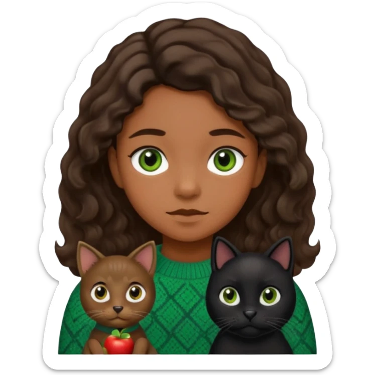 kid with vintage sweater, brown eyes, flat brown hair, with black dog with wavy hair and black eyes, and black cat with straight hair and green eyes in Apple emoji style sticker