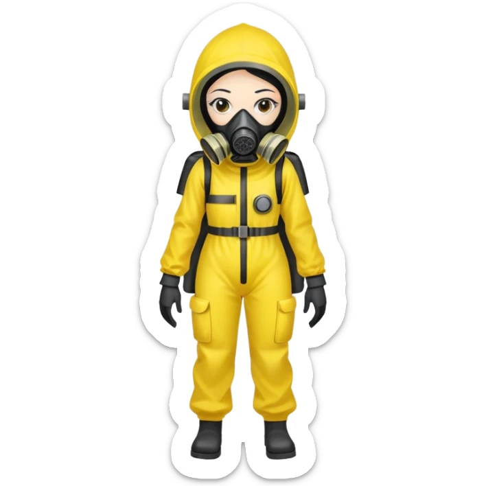 Sticker of a girl with straight black hair, wearing a yellow hazmat suit and a gas mask. Serious atmosphere, cartoon style, radiation danger background. sticker