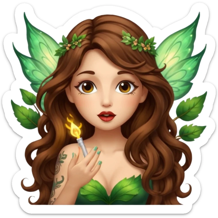 forest fairy woman long wavy brown hair tattoos blowing glowing kiss sticker