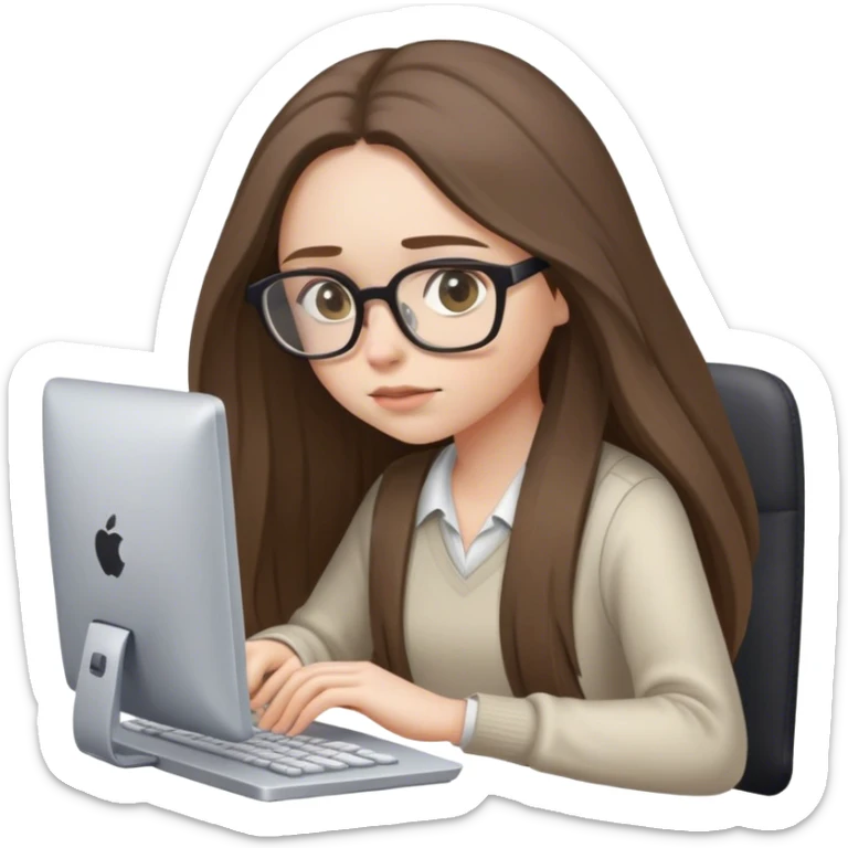 pale brunette girl with long hair wearing glasses working on computer eyes down sticker