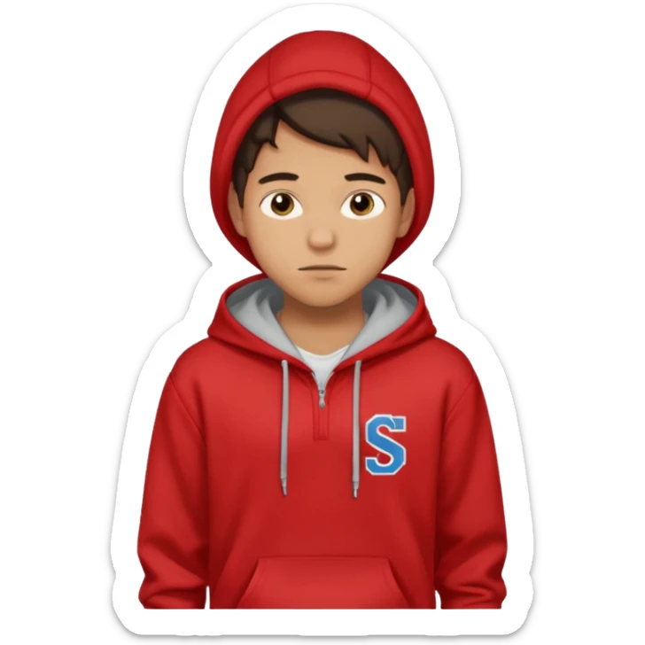 make me an emoji of an americain 19 yearold boy in a red hoodie that says "south" on it and give him with tan skin with his hands in his hands in his pocket not grining flexing his muscles sticker