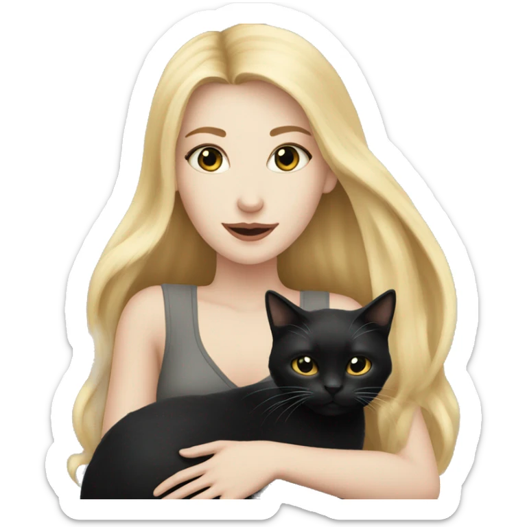pretty woman with pale skin, very long blonde hair  hugging a black cat sticker