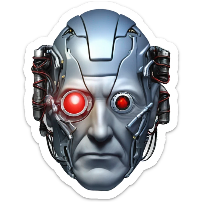 Jean luc picard from Star Trek assimilated by the Borg, with mechanical metal covering the left side of his face, with wires and a red light on the left side. His eyes are blue sticker
