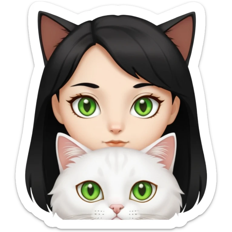 A white jinjila green eyes cat , and a black hair brown eyes girl sticker