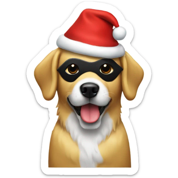 A golden dog with a black mask wearing a Santa hat eating a treat sticker
