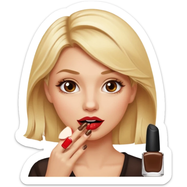 👁️🫦👁️💁🏼‍♀️ aguicheuse. elle se mord le coin de la lèvres. Elle est blonde. Ongles vernis marrons   sticker