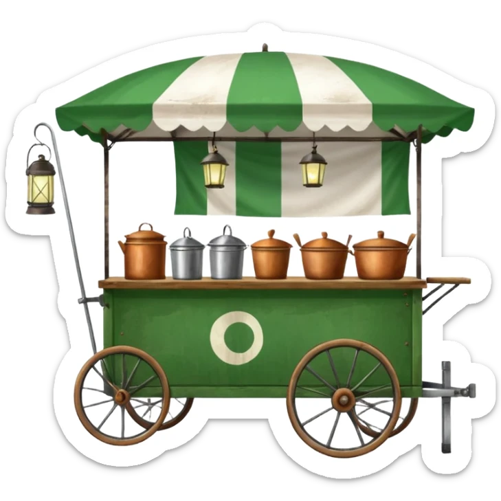 street food wagon with wooden wheels, green and white canopy, food flag, lantern, visible pots and pans sticker