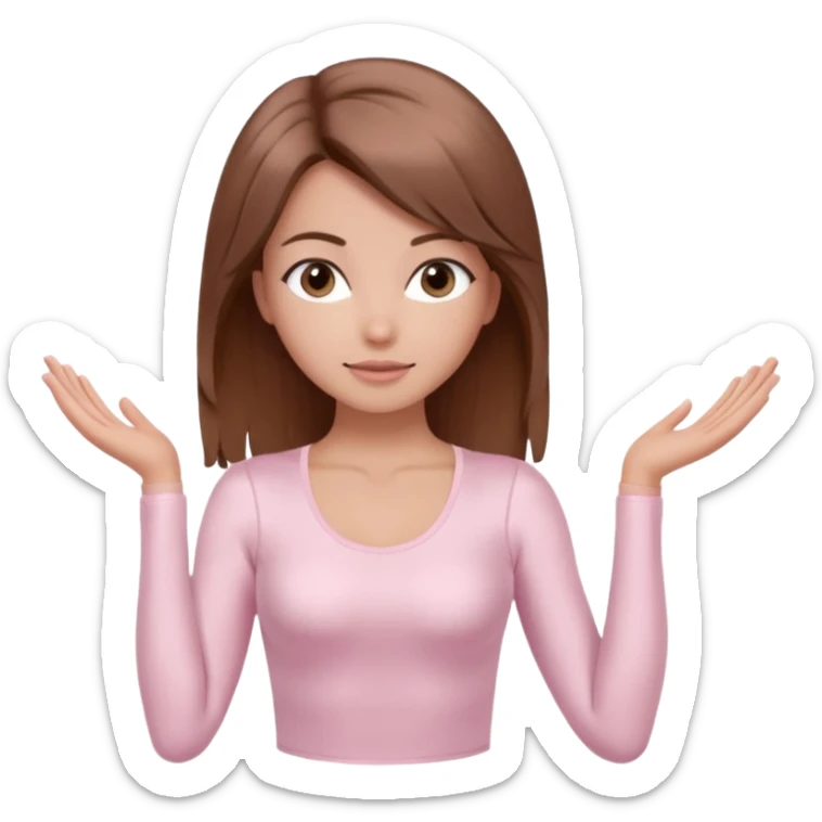 brown hair girl wearing light pink pilates clothes, silk beautiful medium hair and brown eyes, hands down sticker