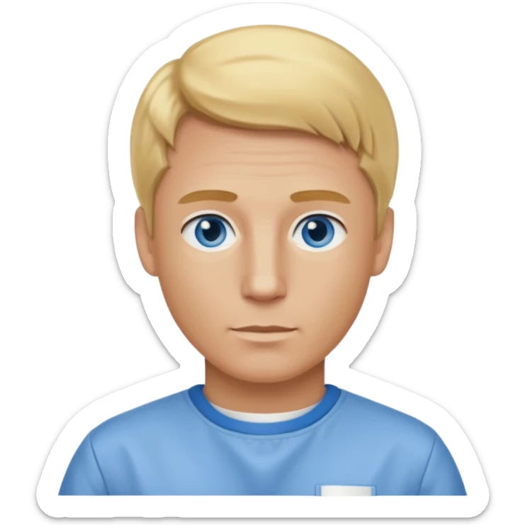 Phillip Morris with golden blonde hair, blue eyes, white inmate outfit sticker