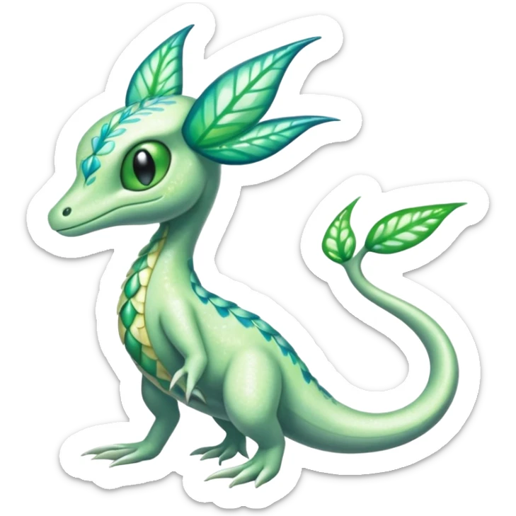 Sparkly White And Green Natural Flowery Colorful Grovyle-Salandit-Celebi-Fakémon-hybrid-creature (full body)  sticker
