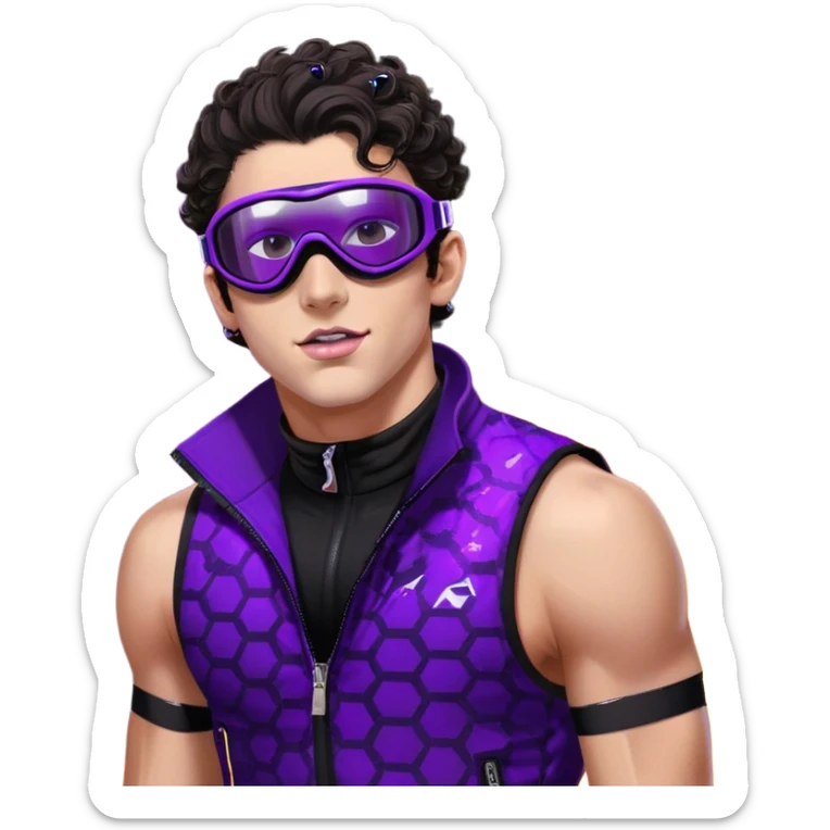 close-up of bad guy male athlete with white skin and moderately curly dark brown hair on top with shaved sides, wearing ski goggles with purple frames and very dark black lenses, a simple plain black chain necklace, and a completely unzipped sleeveless vest with purple and black sequin fire pattern design with no logo, with an extremely arrogant expression sticking his tongue out mockingly, looking menacing and villainous sticker