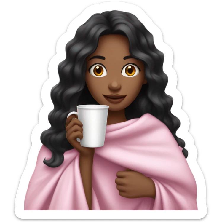 A beautiful and also cute woman with wavy black hair and blue eyes, we can see her white top under the pink blanket on her shoulders she is holding a cup off coffe with her both hands sticker