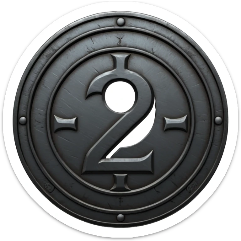 Minimal emoji, gothic metal coin made of black steel, engraved number 2 at the center, ancient industrial aesthetic, worn metal texture, no glow, no neon, flat emoji design, centered, transparent background sticker