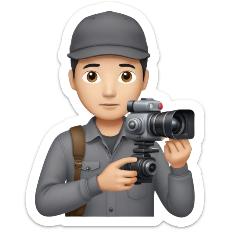 Chinese middle age male film producer with black eyes  in dark grey shirt with dark grey cap and professional camera sticker
