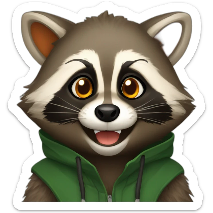 brown raccoon with orange eyes and a dark green hood that is laughing sticker