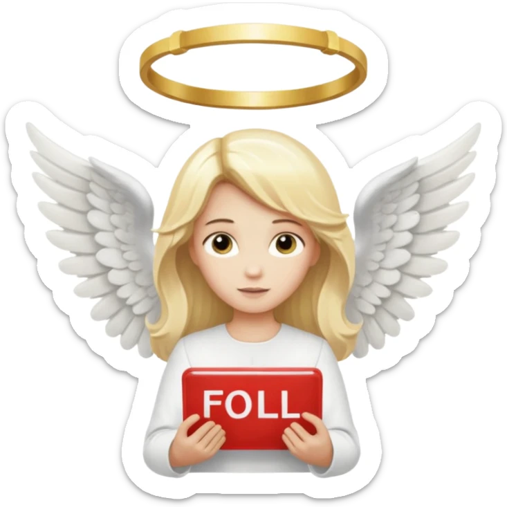 "An angel emoji with blonde hair, a halo, wings, holding a 'COMPARTILHAR' sign in bold letters." sticker