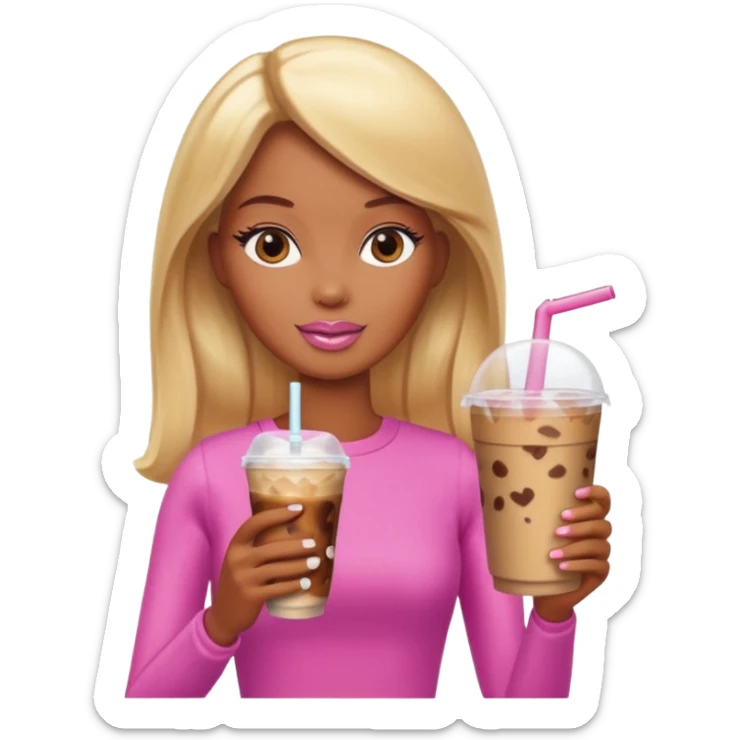 Brown skin blonde hair Barbie drinking iced coffee sticker