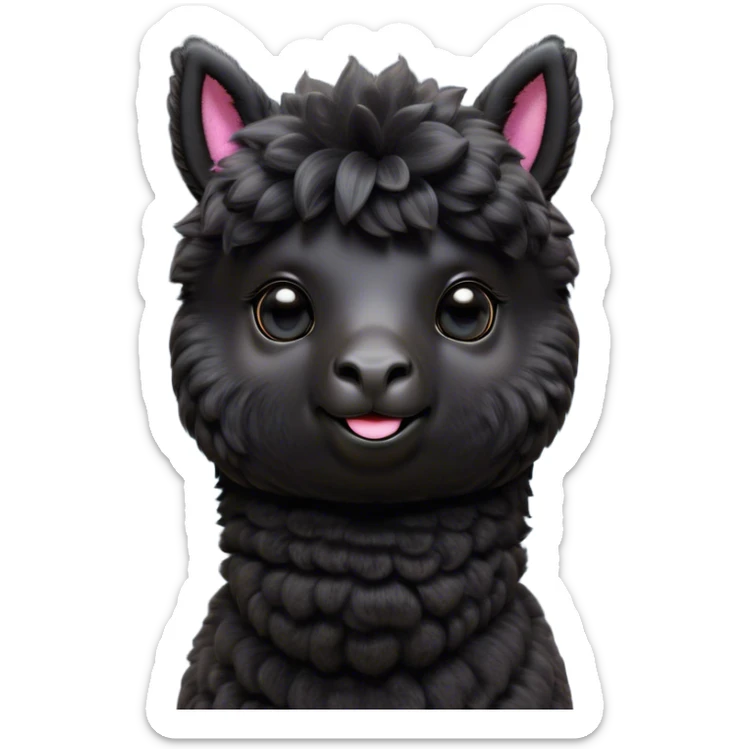 Cinematic Cute Black Alpaca Portrait Emoji, Head tilted playfully and inquisitively, featuring a plush, shiny jet-black fleece with a lustrous sheen, round, sparkling dark eyes filled with curiosity, Simplified yet irresistibly adorable features, highly detailed, glowing with a warm, friendly glow, high shine, affectionate and gentle, stylized with a touch of whimsy, bright and endearing, soft glowing outline, capturing the essence of a mischievous yet loving alpaca, so playful it feels like it could prance out of the screen and into your arms! sticker