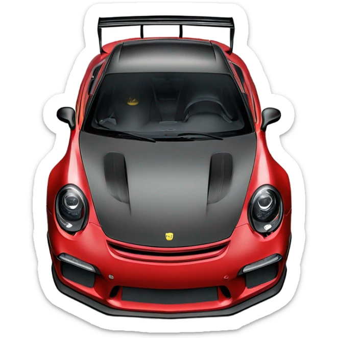 GT3RS in Royale red with a black hood, blue spoilers, black text, black rims, and yellow headlights, sticker