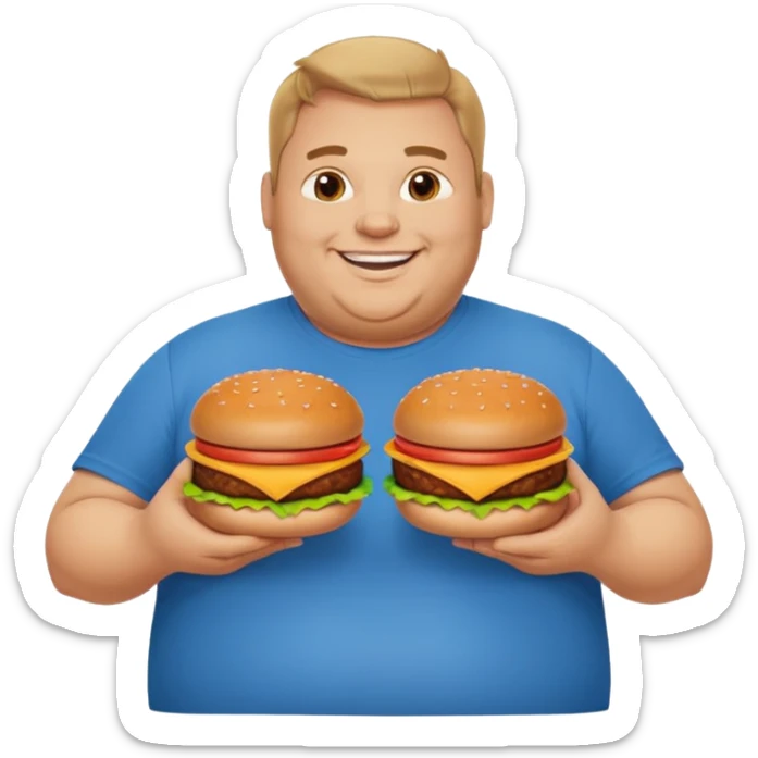 A very fat guy in an Alex Zero T-shirt, holding burgers, gives a like. sticker