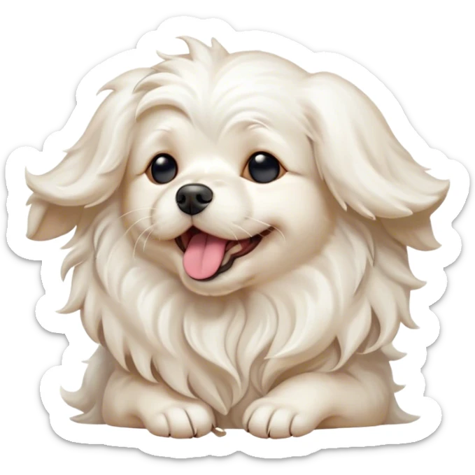 Cinematic Cute Yawning Wavy-Haired Maltese dog Portrait Emoji, Head tilted slightly with a dramatic, wide-open yawn, showcasing a lustrous, wavy-haired white coat with gentle highlights, floppy ears slightly drooping, round dark eyes barely open in drowsy contentment, Simplified yet irresistibly adorable features, highly detailed, glowing with a soft, cozy glow, high shine, relaxed yet expressive, stylized with a touch of whimsy, bright and endearing, soft glowing outline, capturing the essence of a sleepy yet affectionate companion, so drowsy it feels like it could stretch right out of the screen and curl up for a nap! sticker