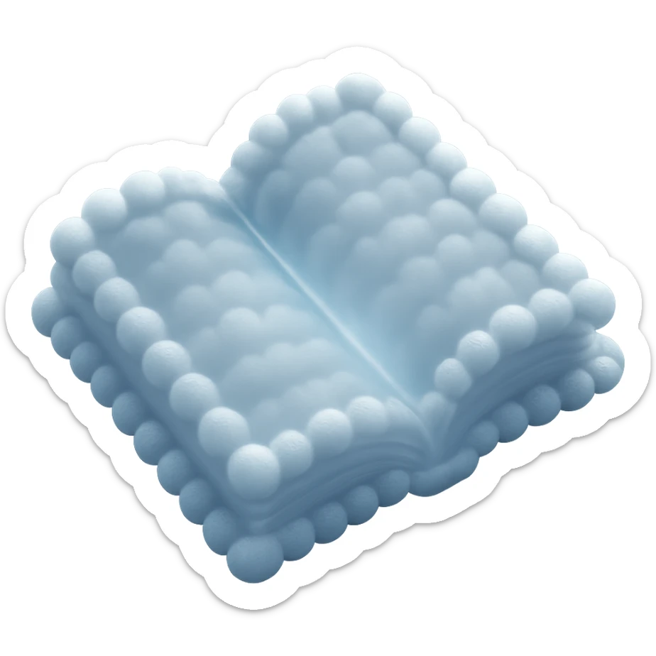 top view of a thick open book made entirely of small, very bright white fluffy convex clouds, matte glass style sticker