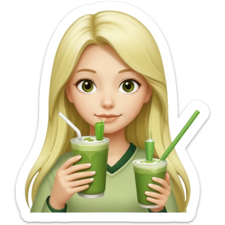 blonde luxury long hair girl with 1 drink of matcha latte and 2 straws sticker