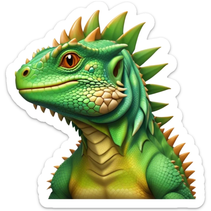 Cinematic Noble Iguana Portrait Emoji, Poised and majestic, with a robust, muscular build and a vibrant, scaly body accented by a prominent spiky crest and keen, observant eyes, Simplified yet sharp and sophisticated features, highly detailed, glowing with a soft, jungle radiance, high shine, intelligent and formidable, stylized with an air of ancient reptilian authority, focused and commanding, soft glowing outline, capturing the essence of a watchful guardian that appears ready to stride out of the screen with effortless might! sticker