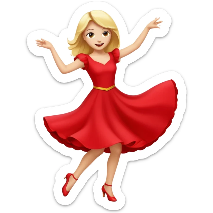 a yellow-blonde woman dancing wearing a red dress, in flat emoji / Apple style, smooth shapes, glossy highlights, bright saturated colors, simple features, minimal details, no outlines, red clothes flowing, joyful pose
 sticker