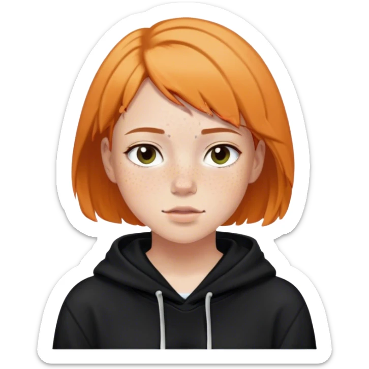 girl with short hair, black hoodie, freckles. sticker