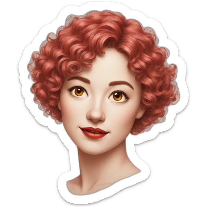 Drawing sketch of woman with short wavy hair on paper red crayon sticker