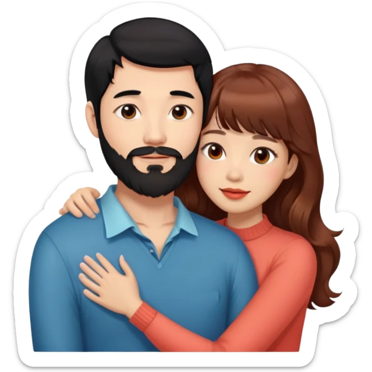 handsome tall asian man with black hair and beard, hugging cute woman with light tan skin and long wavy reddish brown hair with bangs and coral lipstick sticker