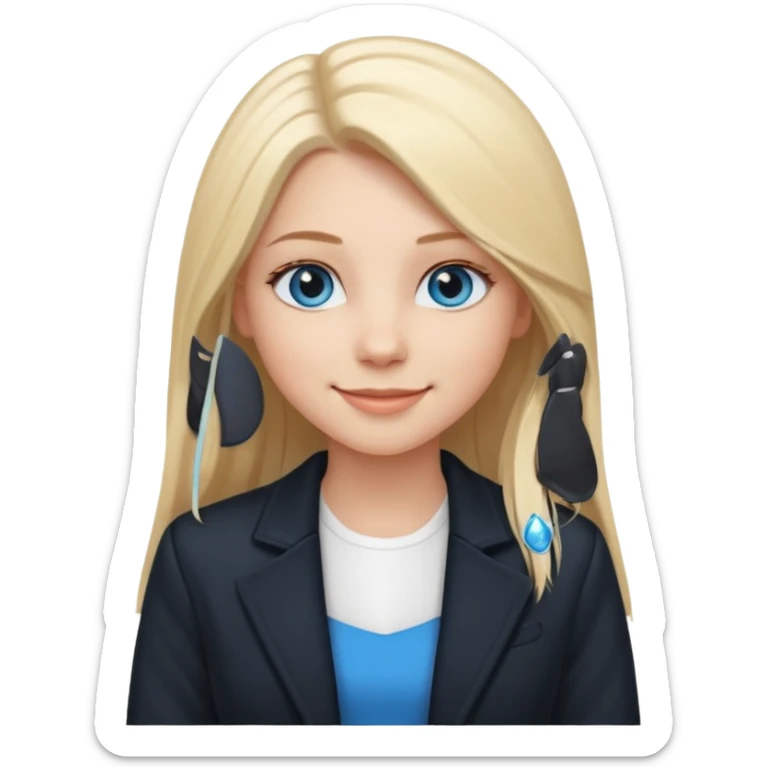 A white girl with long straight blonde hair, blue eyes and a white dress with a black jacket smiling sticker