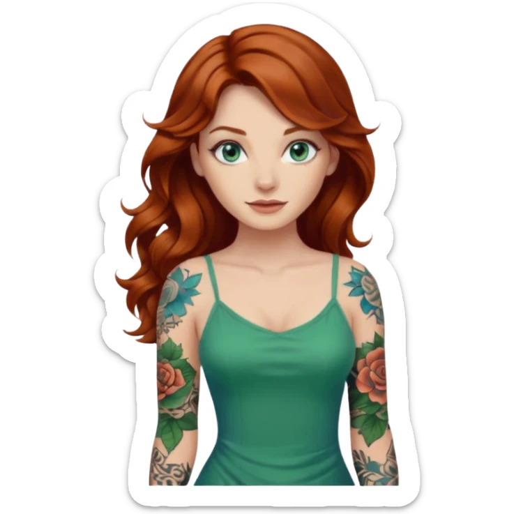 Long wavy Auburn hair woman BLUE eyes wearing green cami  dress and one tattoo sleeve sticker