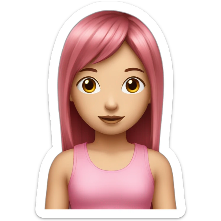 cute girl with dark brown eyes and long, straight rose hair with fringe and holding camera and wearing pink tank top sticker