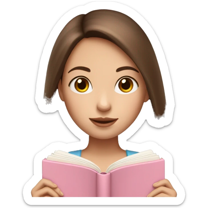 fair-skinned girl with long and straight brown hair holding a baby-pink-colored book sticker