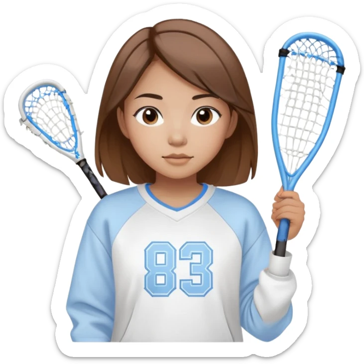 Asian girl with brown highlighted hair wearing a white sweatshirt with carolina blue text that reads buccaneers lacrosse  sticker