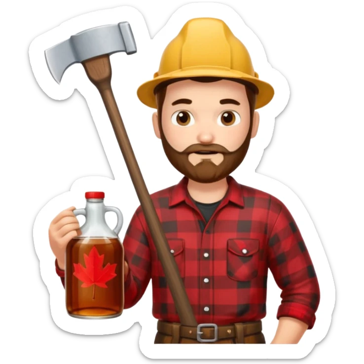 I want a Canadian lumberjack wearing a red and black plaid shirt drinking maple syrup out of the maple syrup bottle and holding a axe in the other sticker