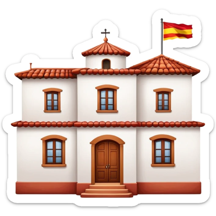 Traditional Spanish hacienda with white walls, terracotta roof, with Spanish flag (red-yellow-red horizontal stripes) hanging prominently from the front sticker