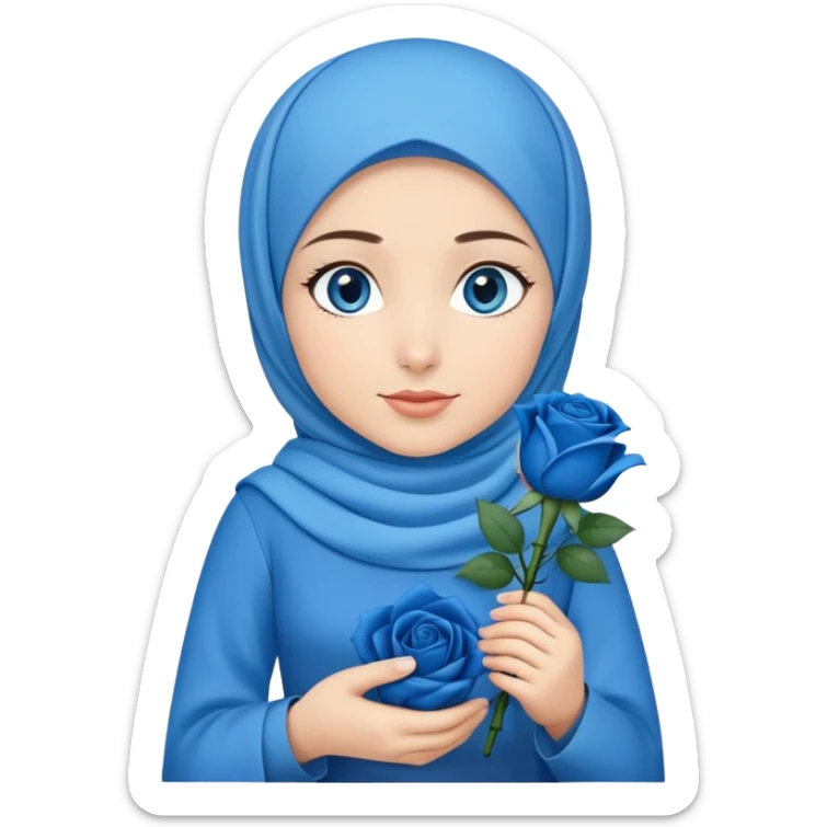 Turkish beautiful finish Konya girl blue eyes with blue hijab islamic dress and had on her hand blue rose bag sticker