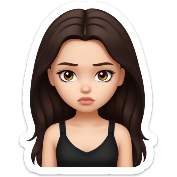 generate a pretty fair bratz girl with long dark brown hair looking sad. Wearing a black cami sticker