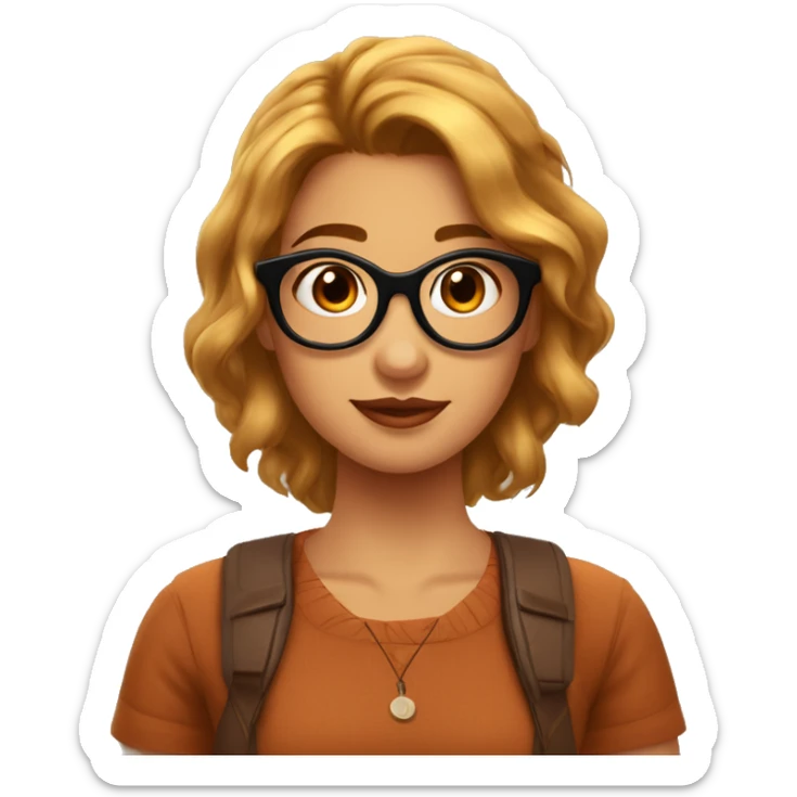 imagen de chica de 19 años estilo pixar: pelo ondulado marron y largo, ojos grandes color marron miel con gafas, aros pequeños plateados sticker