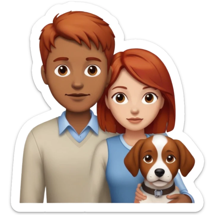 Reds hair man and brown hair woman with a dog sticker
