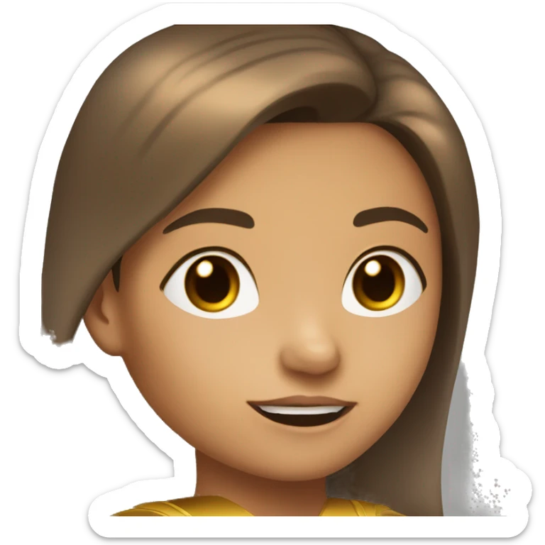 superhero, child, girl, long brown hair, brown eyes, hispanic, straight hair, earrings, gold clothes, close up sticker