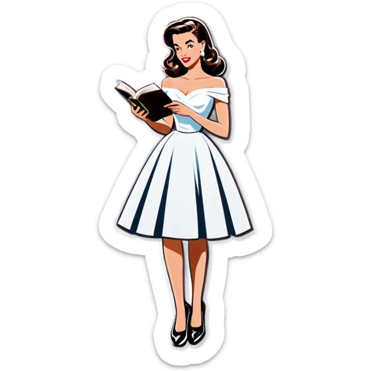 Beautiful woman in 1950’s woman fashion look, off-shoulder white dress, long dark brown hair, reading  sticker